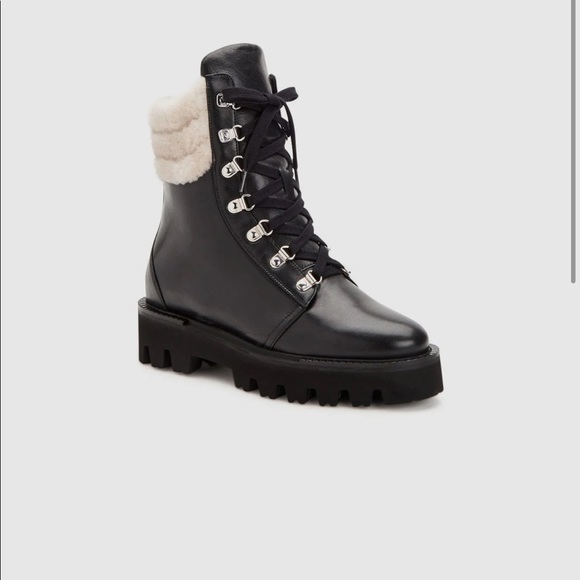 Aquatalia Alyssa shearling trim leather combat boots WEATHERPROOF size 8.5 - Picture 2 of 8